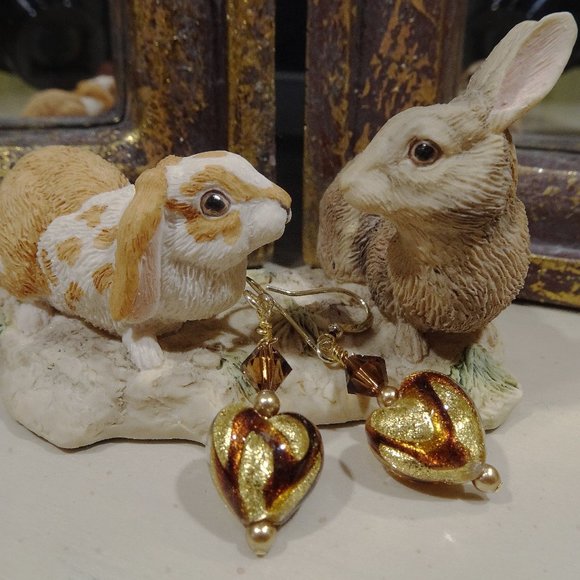 Handmade Murano earrings in topaz sweetheart design with embedded gold leaf - Picture 6 of 7